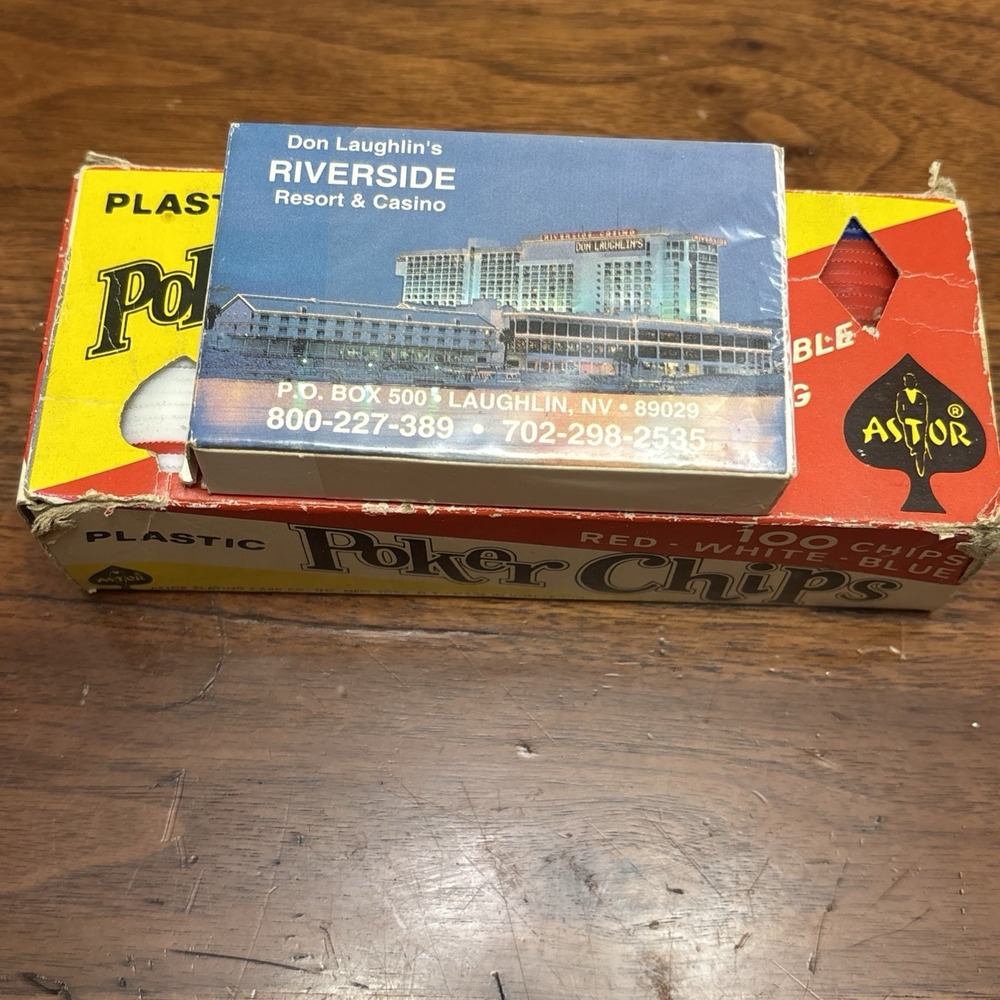 Vintage 1950's Astor Poker Chips + Riverside Casino Playing Card Deck Laughlin